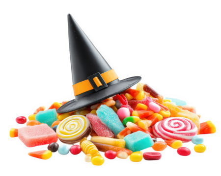 Witch hat candy colorful sweet Halloween isolated sugar treat festive playful joyful photo object celebration pile assorted confectionery fun decoration fantasy magical party autumn seasonal trick