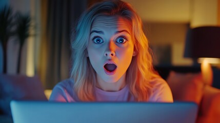 Surprised woman looking at laptop screen at night with shocked face expression home entertainment technology silhouette