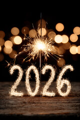 Sparkler illuminating the number 2026 on a wooden surface with a bokeh background during new year celebration.