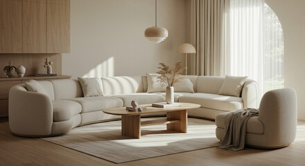 Luxurious and serene living room interior design with curved sofa and natural light