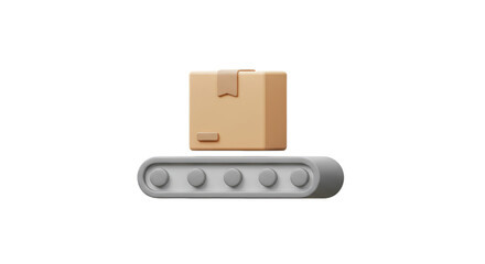 3D Conveyor Belt with Cardboard Box Package on Transparent Background