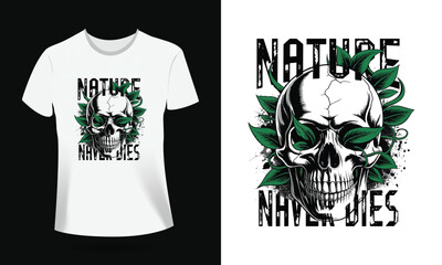 Skull with Green Leaves Vector T-Shirt Design – Botanical Grunge Art with Vines