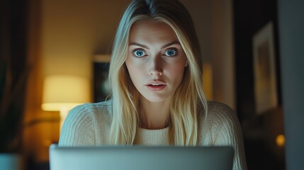 Shocked woman looking at laptop screen at night home office work technology surprise online content silhouette