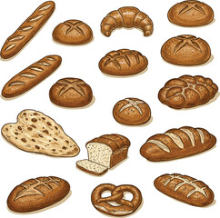 Assorted Bakery Breads & Pastries Collection: Hand-drawn set of various bread types including baguettes, loaves, rolls, croissants, and pretzels, perfect for food and cafe designs.