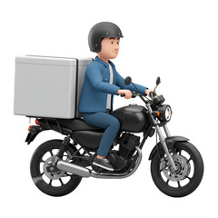 3D Delivery Man on Motorcycle with Food Box Transparent Background