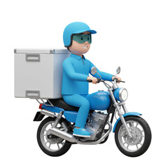 3D Delivery Man Riding Blue Motorcycle Transportation Service Fast Order