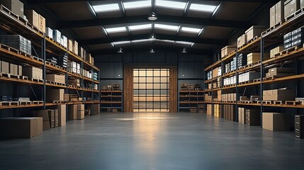 Obraz premium Large Modern Warehouse Interior with Storage Shelves, Logistics Organization, and Industrial Equipment 