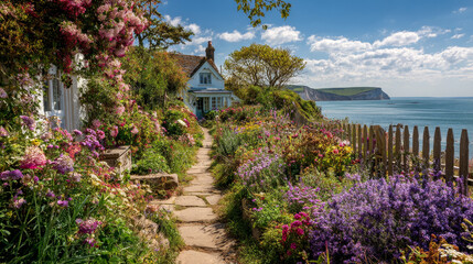 Naklejka premium A picturesque countryside scene in Freshwater Bay on the Isle of Wight, rich with floral and scenic elements