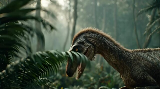 cinematic shot of a Therizinosaurus with its enormous claws, using them to pull down branches for food, not for aggression, set in a lush, vibrant part of the jungle, highly detailed, natural behavior