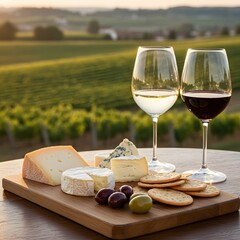 Wine and cheese tasting amidst a vineyard at sunset