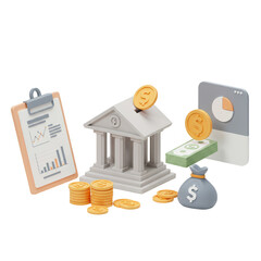 3D Finance Banking with Gold Coins Investment on Transparent PNG