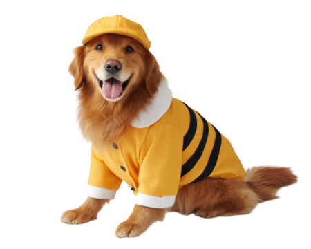 Golden retriever dog wearing yellow bee keeper costume with hat, sitting and smiling, isolated on transparency background, cheerful and playful pet fashion concept