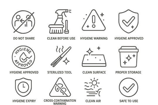 Hygiene and safety icons for cleaning and sterilization guidelines