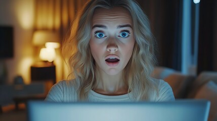 Surprised woman looking at laptop screen at night shocked by online content expression of disbelief silhouette