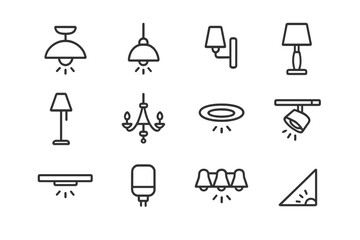 Set of black line icons of various indoor lighting fixtures