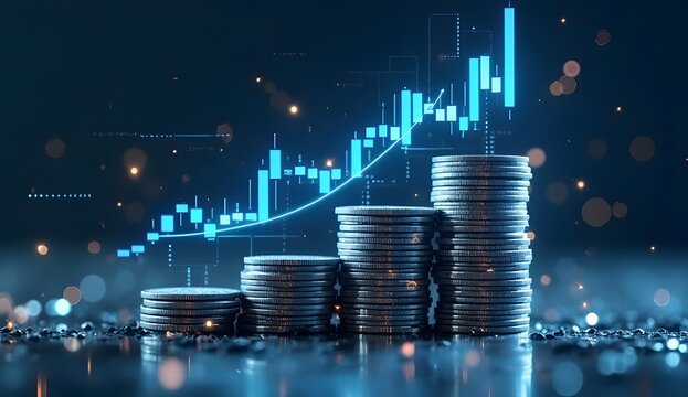 Stacked Silver Coins with Rising Blue Line Graph &ndash; Financial Growth and Investment Concept