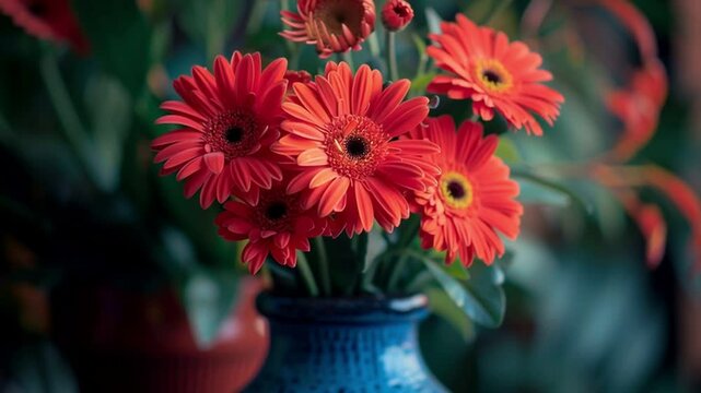 A hand adding red gerber flowers into a vase. Floristic decorating process. Decorating a house.