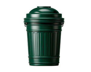Green trash bin plastic waste container lid vertical ribbed design isolated on white household clean modern durable practical for indoor or outdoor use