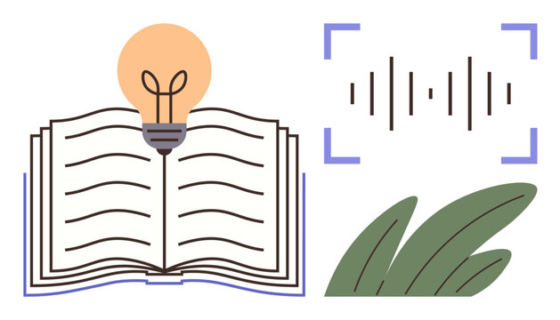 Open book with light bulb signifying ideas, soundwave representing communication, and green leaves symbolizing growth. Ideal for education, innovation, creativity, learning, communication - Powered by Adobe