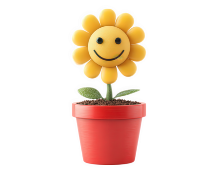 Smiling yellow flower with round petals in vibrant red pot, cheerful expression, isolated on transparency background, playful and decorative, perfect for children room or spring decor - Powered by Adobe