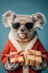 Koala wearing sunglasses and a red festive sweater holding two gift boxes on a blue background for holiday celebration.