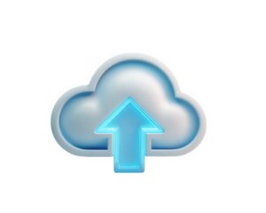 Cloud upload icon blue glow digital symbol isolated 3D illustration technology data transfer futuristic low resolution modern cheerful