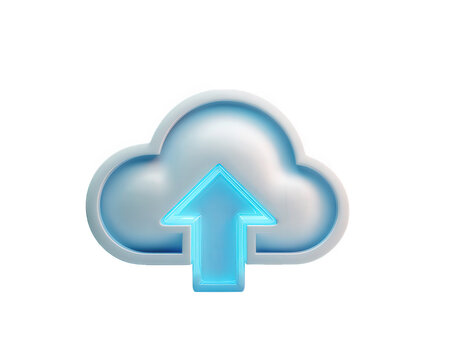 Cloud upload icon blue glow digital symbol isolated 3D illustration technology data transfer futuristic low resolution modern cheerful