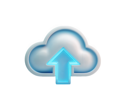 Cloud upload icon blue glow digital symbol isolated 3D illustration technology data transfer futuristic low resolution modern cheerful