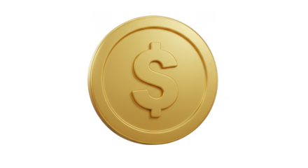 3D Gold Dollar Coin Symbol on Transparent Background Design