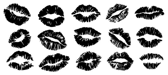 Set of Lipstick kiss print silhouettes. Different shapes female sexy lips. Lips makeup. Female mouth. Imprint of lips kiss vector black outline illustrations isolated