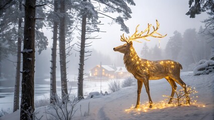 Shimmering golden reindeer stands illuminated amid snowy trees in a misty winter wonderland, a magical scene evoking the charm of holiday season and peaceful winter landscapes.