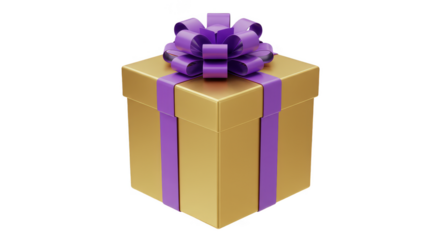 3D Golden Gift Box with Purple Ribbon Holiday Celebration Present
