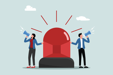 Declaration of a state of emergency, concept of warning about danger, businessman and woman with megaphone giving instructions about the current state of emergency
