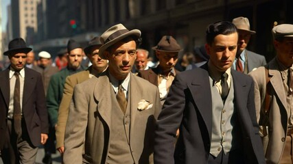 Crowd of people walking street old vintage film style