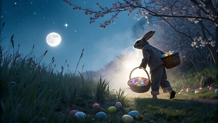 Under a dreamy moonlit sky, an Easter bunny carries baskets overflowing with colorful eggs, creating a whimsical springtime scene in a blossoming garden setting.