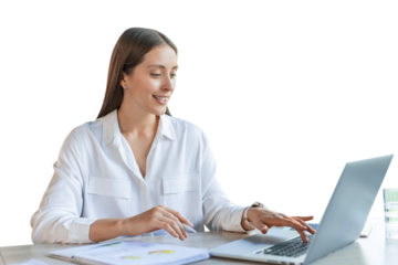 Attractive cheerful business woman working on laptop on a transparent background