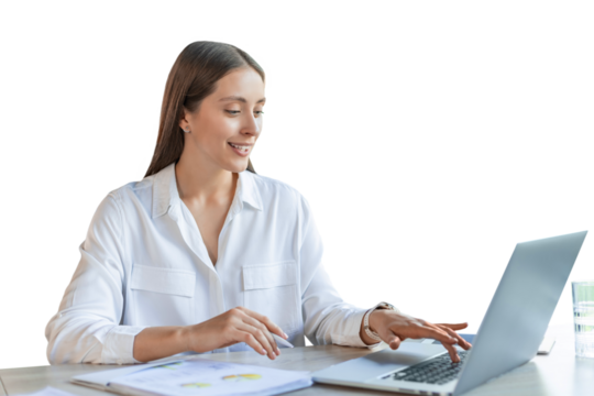 Attractive cheerful business woman working on laptop on a transparent background