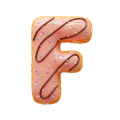 3d Render Letter F Donut with Pink Glaze Sprinkles on Transparent