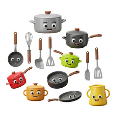 3D Render Cartoon Cute Kitchenware Set Pots Pans Utensils Transparent