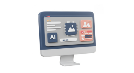 3D Render of a Modern Computer Screen with AI Icons Transparent