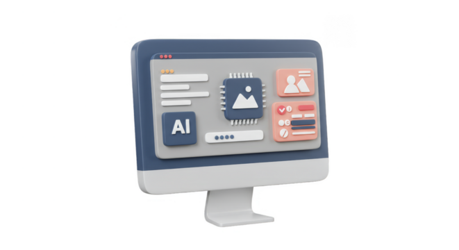 3D Render of a Modern Computer Screen with AI Icons Transparent