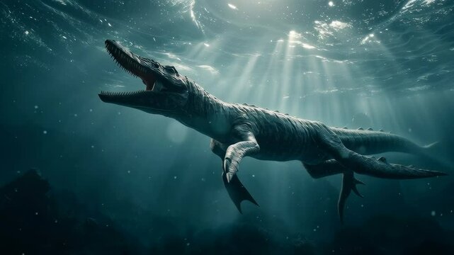 dramatic underwater shot of a massive Mosasaurus hunting in the depths of a prehistoric ocean, light rays penetrating the water's surface, creating a mysterious and awe-inspiring scene, cinematic