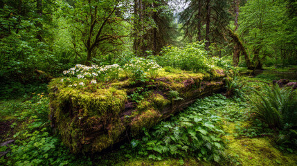 Mosses and ferns envelop a nurse log along the Hoh River Trail in the Olympic wilderness