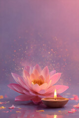 Pink lotus flower floating on water with a decorative candle lit nearby. Spiritual calm and peace concept for yoga or meditation.