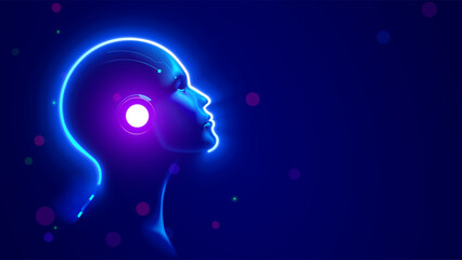 AI. AGI. Artificial intelligence in human face or head concept. Glowing neon silhouette of the head of a wise Artificial Intelligence or AGI on a blue background. A kind and intelligent face of AGI.