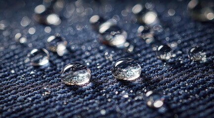 Water droplets on dark denim fabric