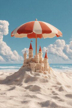 Intricate sandcastle on a white sand beach protected by a colorful striped umbrella. Summer vacation concept for a travel brochure.