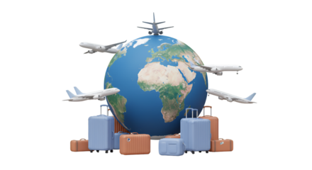 3D Illustration Earth Globe with Airplanes and Luggage Travel Concept