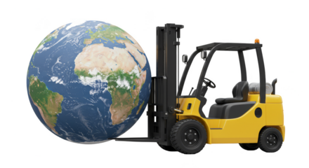 3D Render of Forklift Moving Earth Globe in Global Delivery