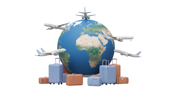 3D Illustration Earth Globe with Airplanes and Luggage Travel Concept